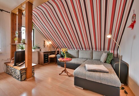 Wohnzimmer mit Couch und TV