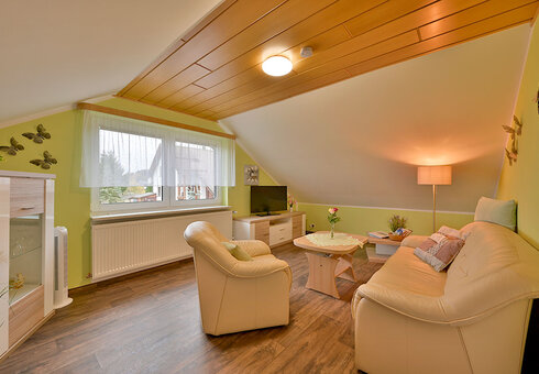 Wohnzimmer mit Couch, Sesseln und TV