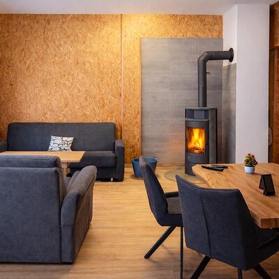 Wohnbereich inkl. Couch, Kamin und Tisch