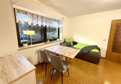 Wohnzimmer mit Esstisch, Einzelbett & Schlafcouch