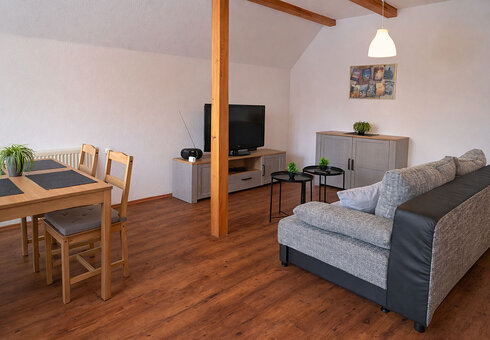 Wohnzimmer mit Couch und TV