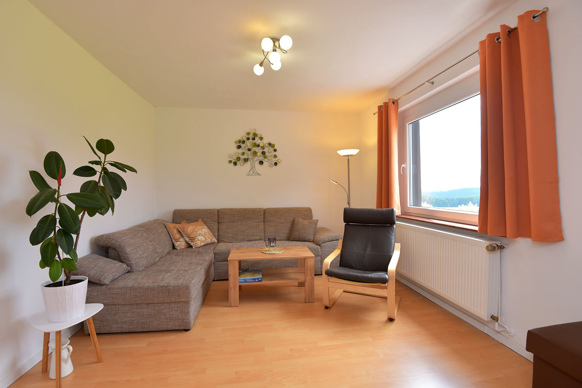 Wohnzimmer mit Couch und Panoramafenster