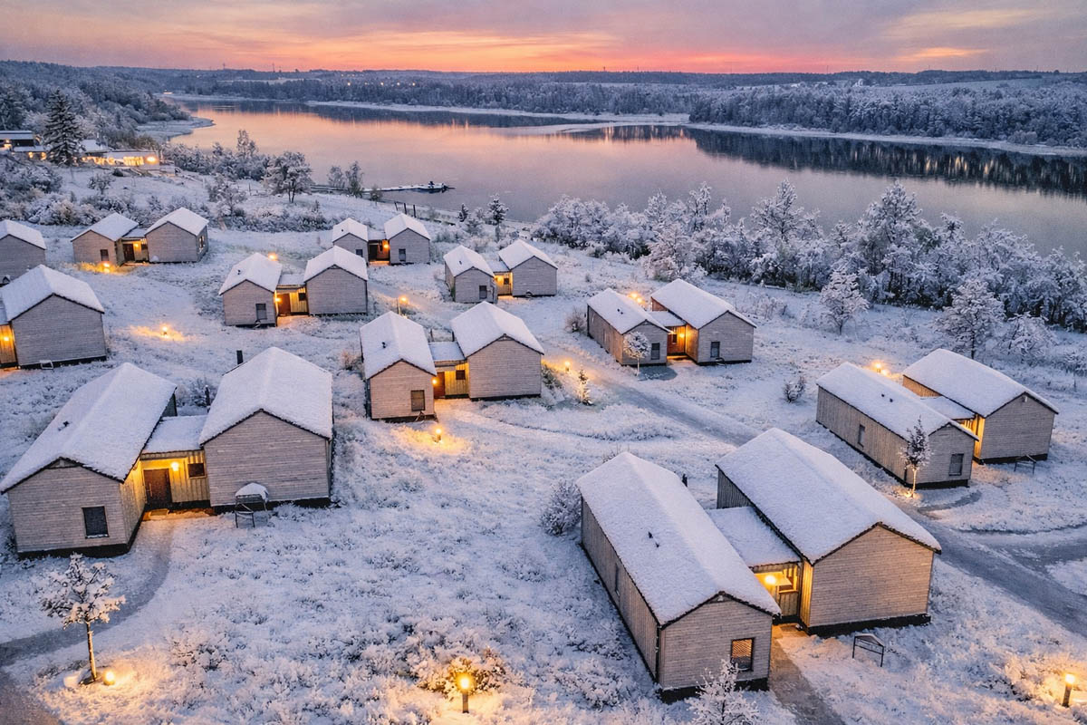 Schneebedecktes Winterdorf am See