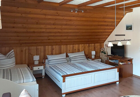 Schlafbereich mit Bett und TV